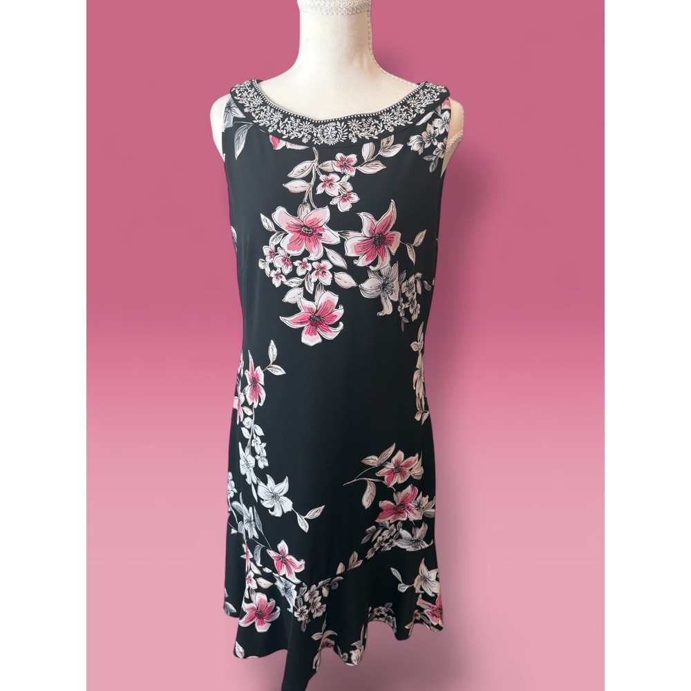 White House Black Market Floral Flounce Hem Embellished Neck Dress Black Pink M
